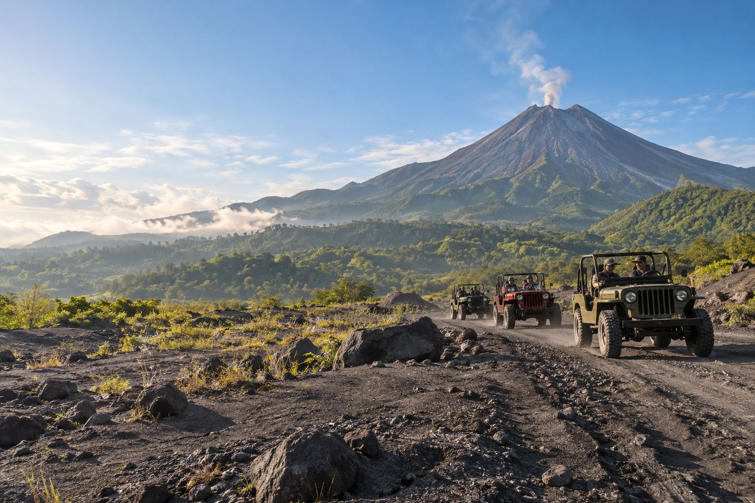 Ilustrasi konvoi Jeep 4x4 di jalur berbatu lereng Gunung Merapi saat pagi hari