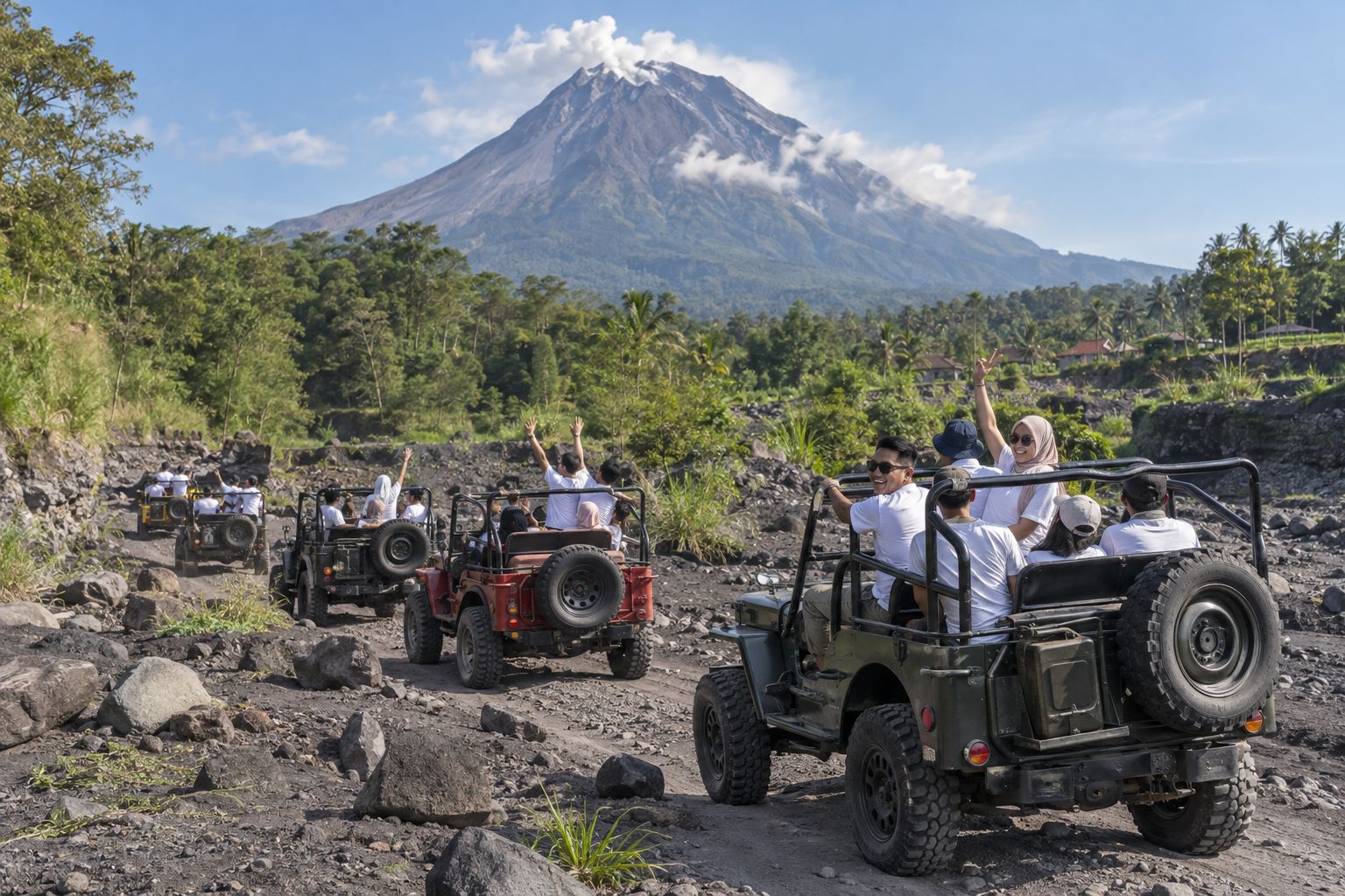 Ilustrasi konvoi beberapa Jeep rombongan di jalur lereng Merapi