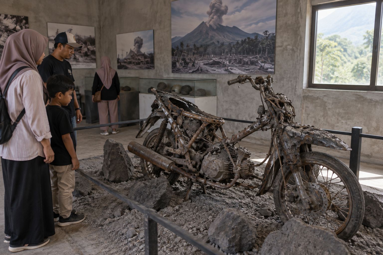 Ilustrasi kerangka sepeda motor yang meleleh sebagian, dipajang sebagai koleksi museum
