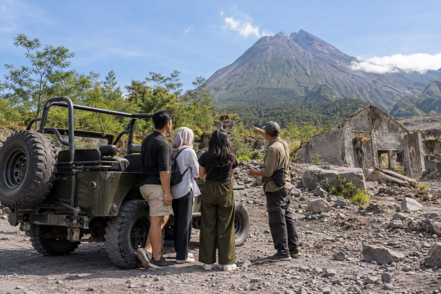 Ilustrasi wisatawan dan Jeep berhenti di dekat lokasi petilasan mendengarkan cerita driver