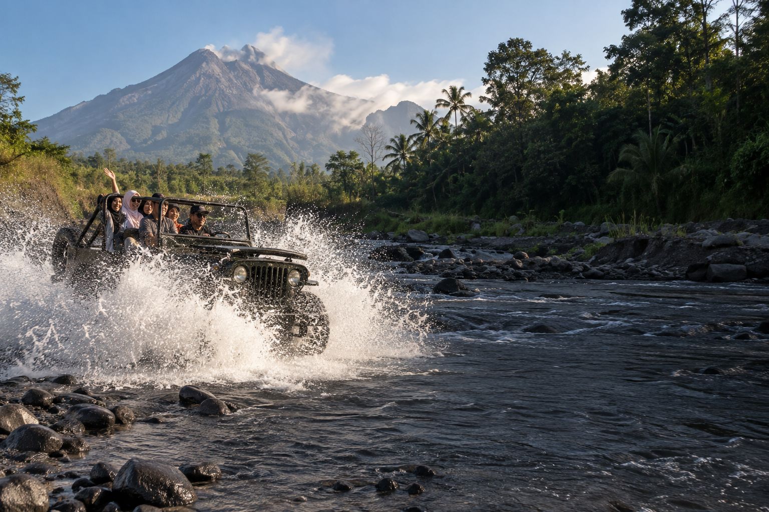Ilustrasi Jeep menerjang percikan air di water track lereng Merapi
